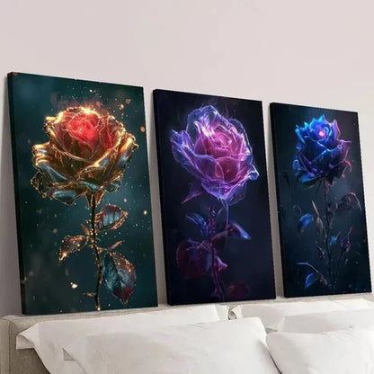 3pcs Fantasy Gold Purple Blue Rose Flower Wall Art Canvas Unframed - High Quality Print 100% Australian Made Wall Canvas