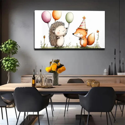 Whimsical Hedgehog & Fox Wall Art Canvas Office Home Room Framed 120x60cm