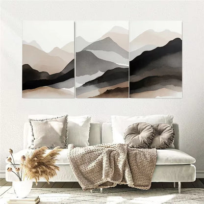 3pcs Mountain Landscape Watercolor Beige Black Wall Art Set Canvas Framed 50x70cm - High Quality Print 100% Australian Made Wall Canvas Ready to Hang