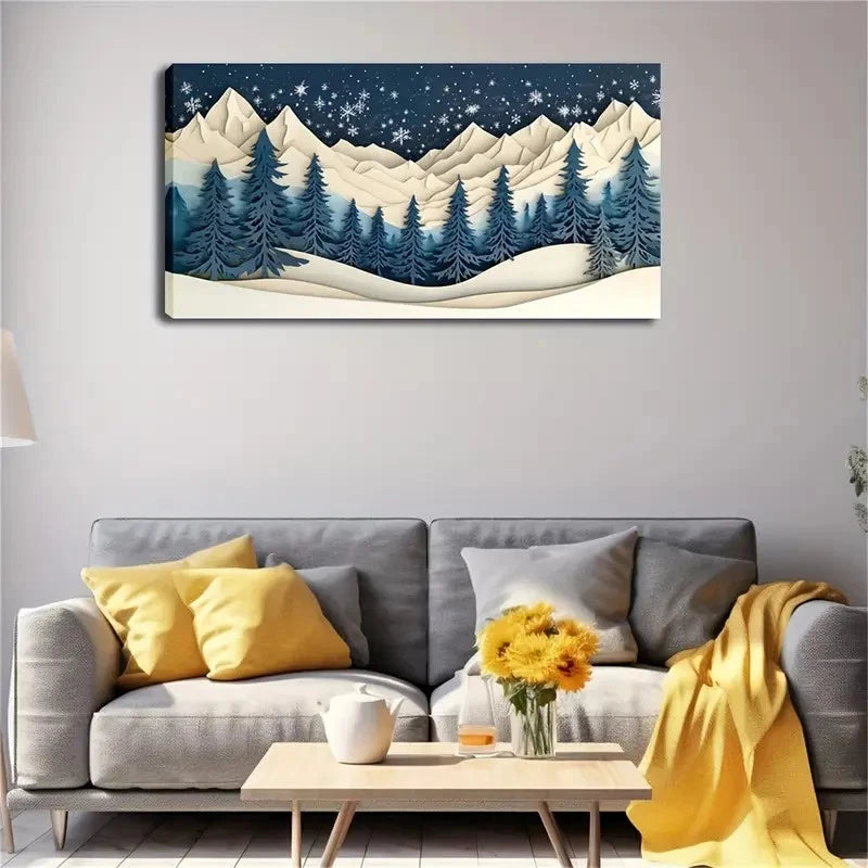 Deep Blue Pine Trees & Snowy Wall Art Canvas Office Home Room Framed 120x60cm