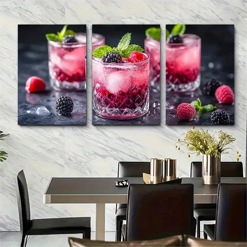 3pcs Fresh Berry Cocktail Décor Perfect Wall Art Set Canvas Framed 40x60cm - High Quality Print 100% Australian Made Wall Canvas Ready to Hang - Bella Home Decor