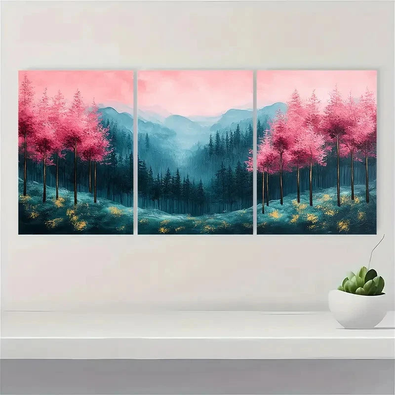 3pcs Pine Forest Artwork Pink Green DF Wall Art Set Canvas Framed 50x70cm - High Quality Print 100% Australian Made Wall Canvas Ready to Hang