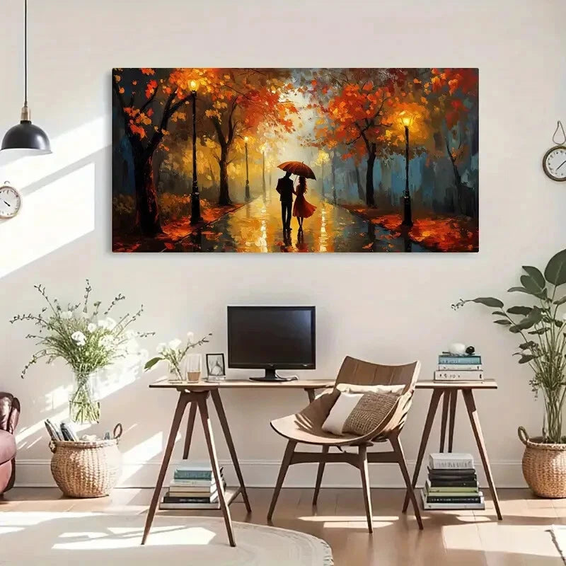 Autumn Rainy Street Romantic Wall Art Canvas Office Home Room Framed 120x60cm