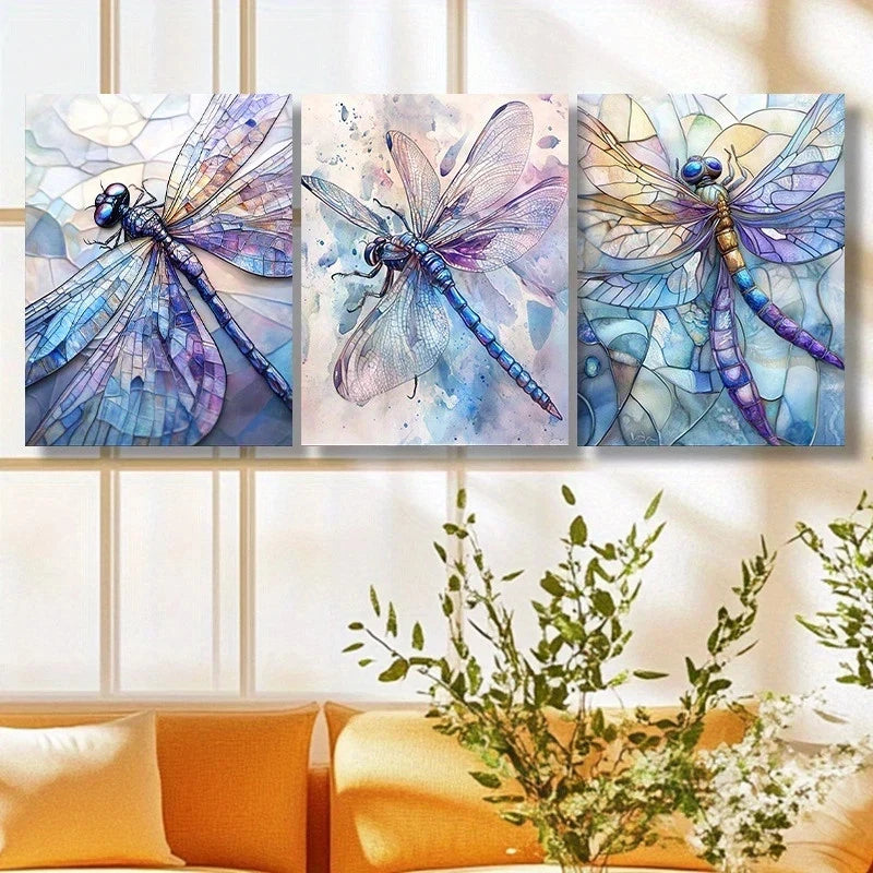 3pcs Dragonfly Painting Vibrant Purple Metal Print Ready to Hang Art - Bella Home Decor