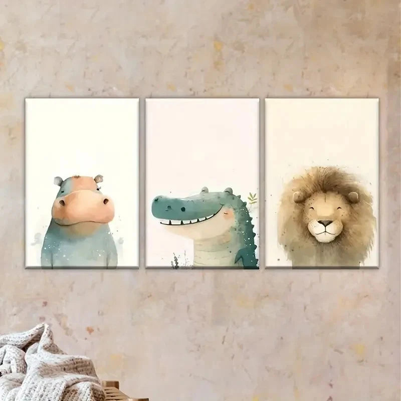 3pcs Animals (Hippo, Crocodile, Lion) Wall Art Set Canvas Framed 50x70cm - High Quality Print 100% Australian Made Wall Canvas Ready to Hang - Bella Home Decor