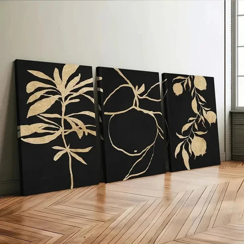 3pcs Abstract Golden Botanical Typography Black Wall Art Set Canvas Unframed - High Quality Print 100% Australian Made Wall Canvas - Bella Home Decor