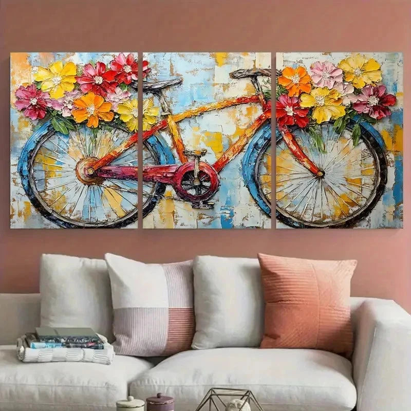 3pcs Bicycle Floral Colorful Bike Lover Perfect  Wall Art Set Canvas Framed 60x90cm - High Quality Print 100% Australian Made Wall Canvas Ready to Hang - Bella Home Decor
