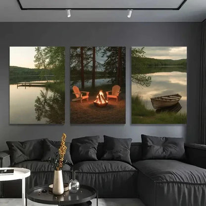 3pcs Serene Lake, Campfire & Pine Trees Wall Art Canvas Unframed - High Quality Print 100% Australian Made Wall Canvas