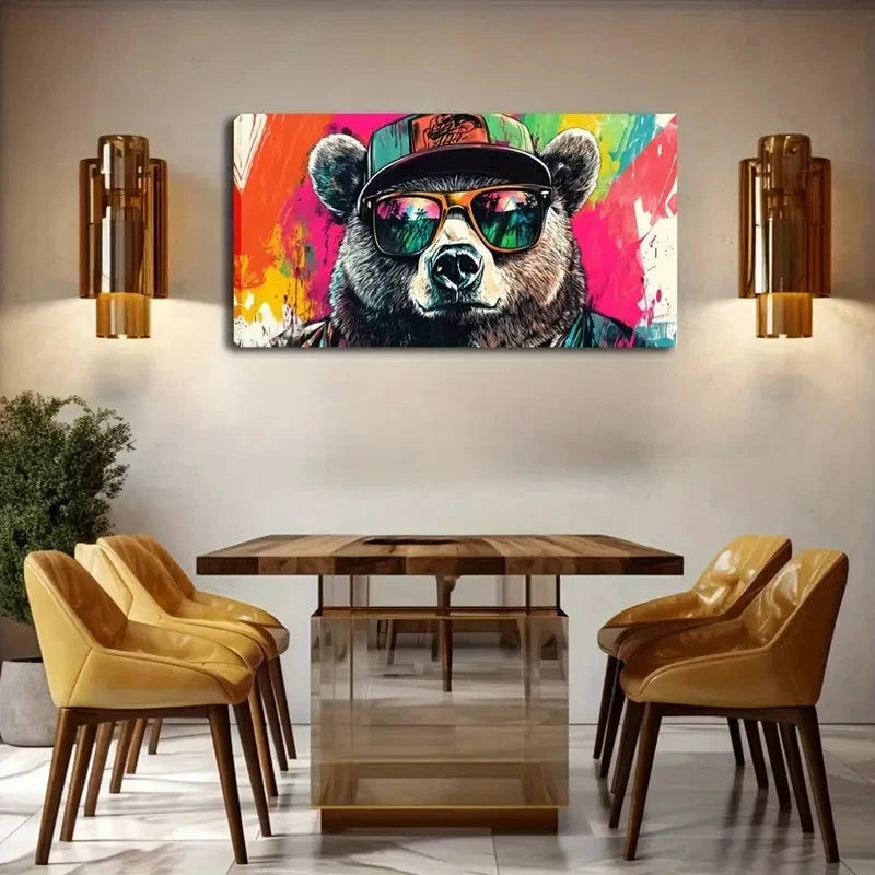 Stylish Bear In Hat & Glasses Wall Art Canvas Office Home Room Framed 120x60cm