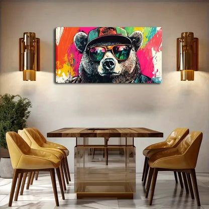 Stylish Bear In Hat & Glasses Wall Art Canvas Office Home Room Framed 120x60cm