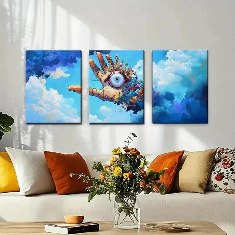 3pcs Hand & Eye Dreamlike Clouds Décor Perfect Wall Art Set Canvas Framed 60x90cm - High Quality Print 100% Australian Made Wall Canvas Ready to Hang - Bella Home Decor