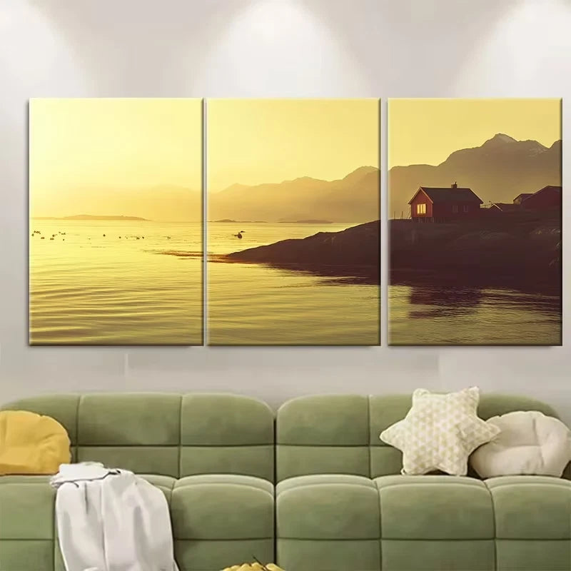 3pcs Sun over the Norwegian Coast Metal Print Ready to Hang Art
