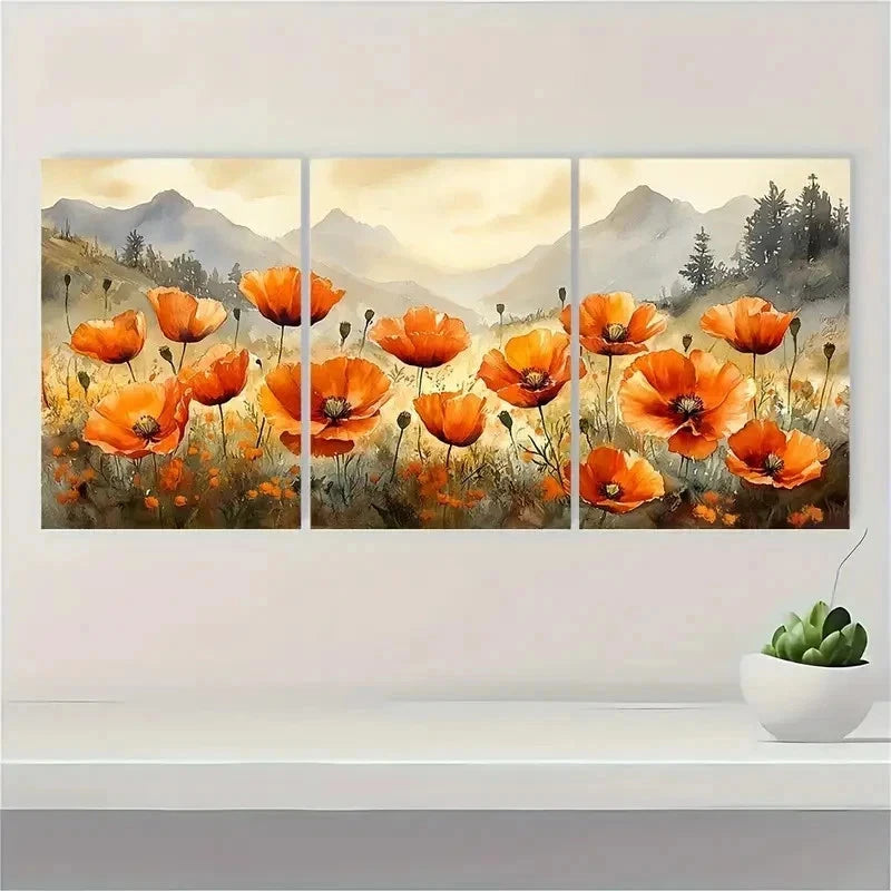 3pcs Poppy Watercolor Wildflowers Fields Perfect Wall Art Set Canvas Framed 50x70cm - High Quality Print 100% Australian Made Wall Canvas Ready to Hang - Bella Home Decor