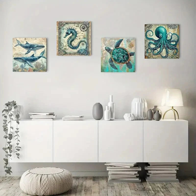 4pcs Teal Ocean Animal Marine Life Wall Art Canvas Framed