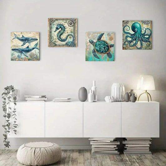 4pcs Teal Ocean Animal Marine Life Wall Art Canvas Framed