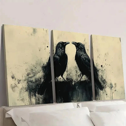 3pcs Black Crows Beige and Black Themed Wall Art Set Canvas Framed 50x70cm - High Quality Print 100% Australian Made Wall Canvas Ready to Hang - Bella Home Decor