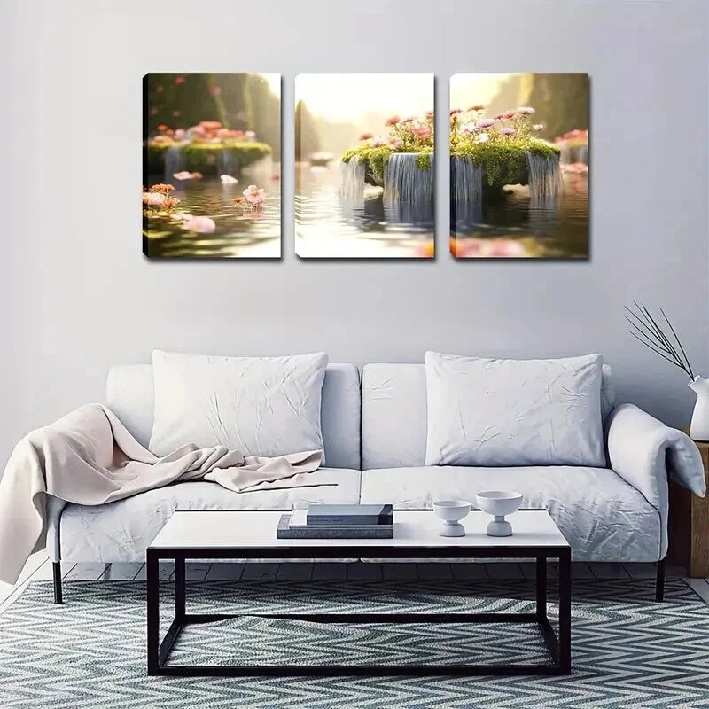 3pcs Waterfall & Green Island Décor Perfect Wall Art Set Canvas Framed 50x70cm - High Quality Print 100% Australian Made Wall Canvas Ready to Hang - Bella Home Decor