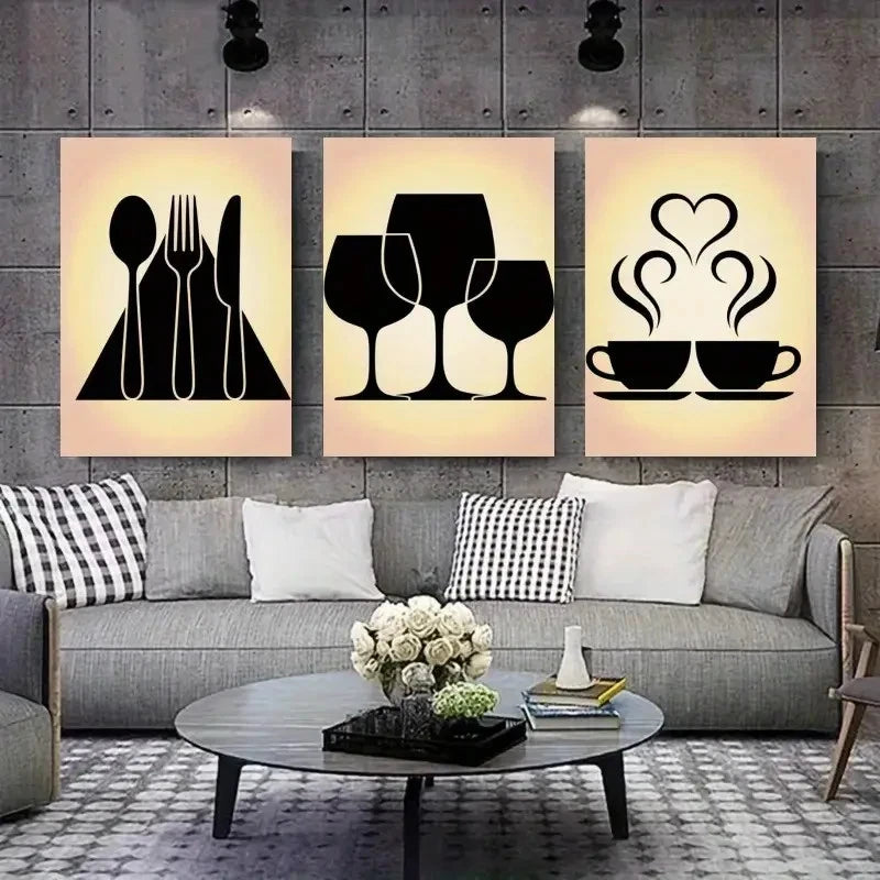 3pcs Cutlery, Wine Glasses, Coffee Cups Wall Art Set Canvas Framed 60x90cm - High Quality Print 100% Australian Made Wall Canvas Ready to Hang - Bella Home Decor