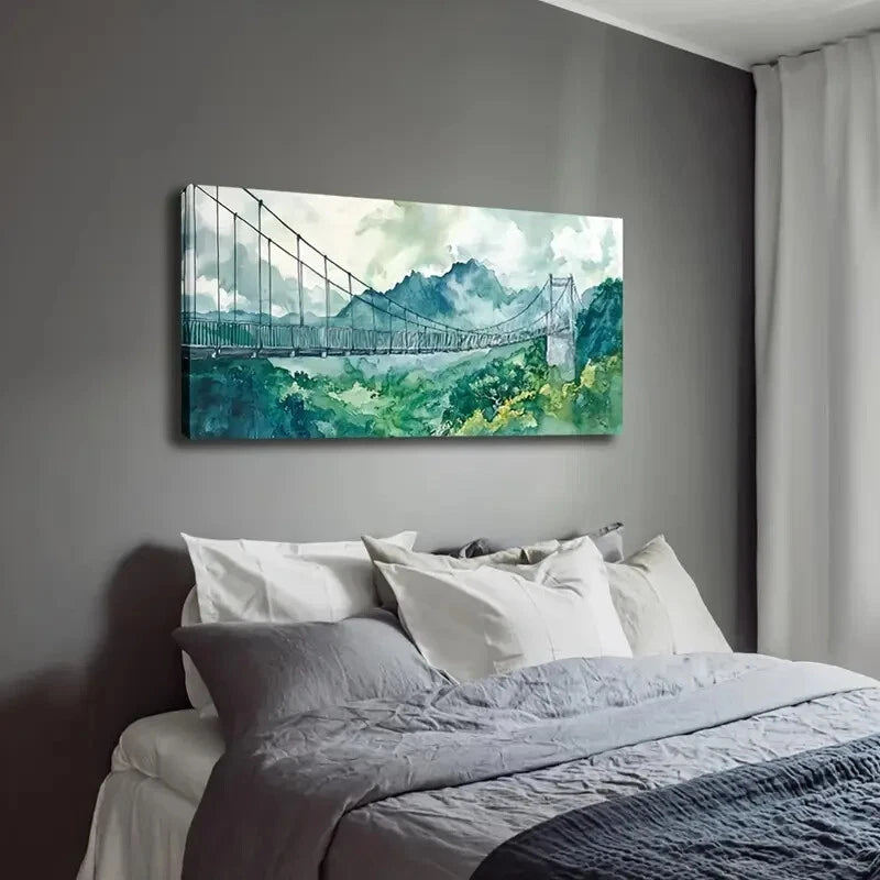Suspension Bridge Over Valley Wall Art Canvas Office Home Room Framed 120x60cm - Bella Home Decor