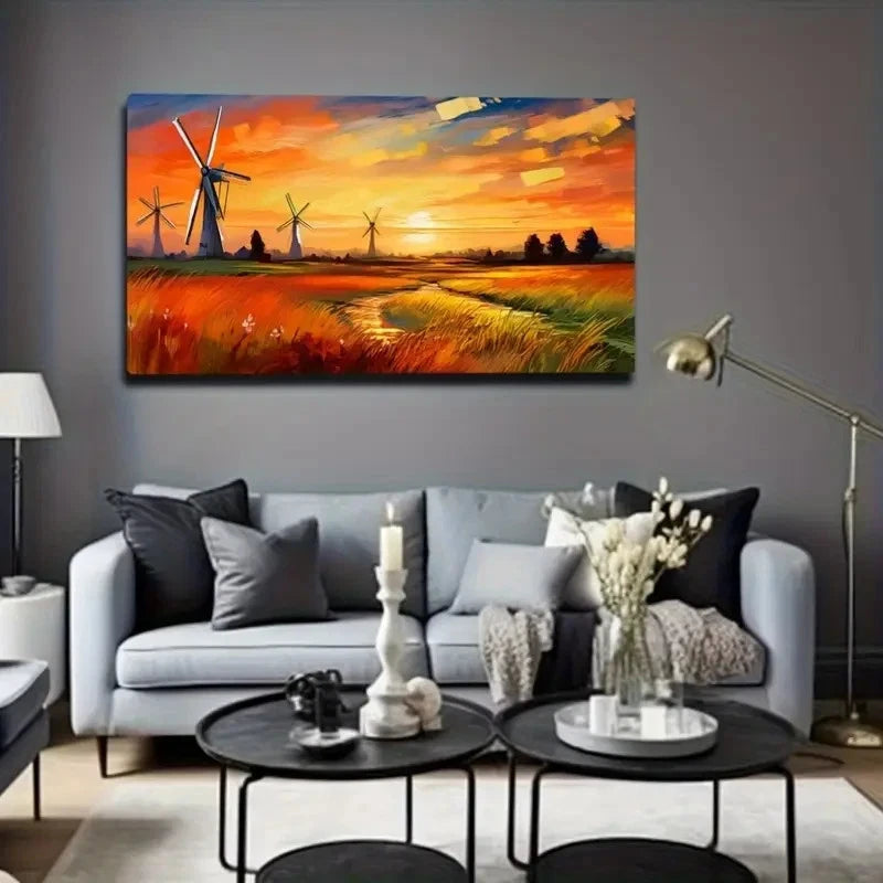 Dutch Windmill Sunset Wall Art Canvas Office Home Room Framed 120x60cm
