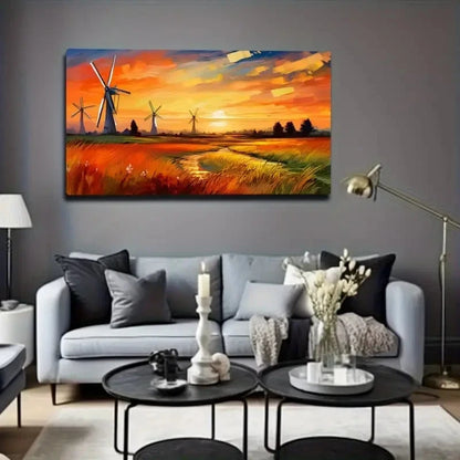 Dutch Windmill Sunset Wall Art Canvas Office Home Room Framed 120x60cm