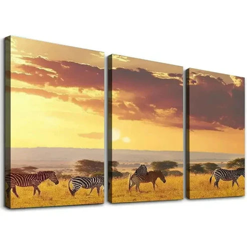 3pcs African Savannah Sunset Zebra Landscape Wall Art Set Canvas Unframed - High Quality Print 100% Australian Made Wall Canvas - Bella Home Decor