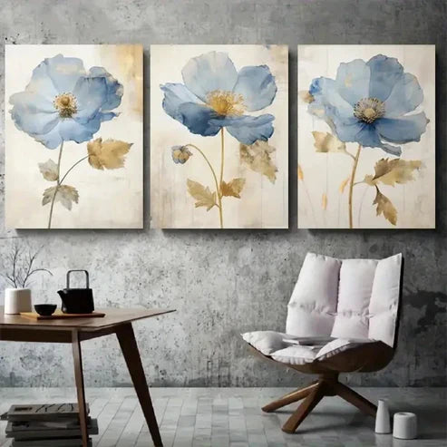 3pcs Blue Floral Modern Botanical Wall Art Set Canvas Unframed - High Quality Print 100% Australian Made Wall Canvas - Bella Home Decor