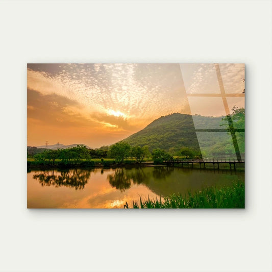 Golden Sunrise Lake Bridge Reflection Acrylic Glass Printing Wall Art Australian Made Quality