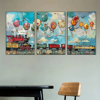 3pcs train and balloons flying over city Wall Art Set Canvas Unframed - High Quality Print 100% Australian Made Wall Canvas - Bella Home Decor