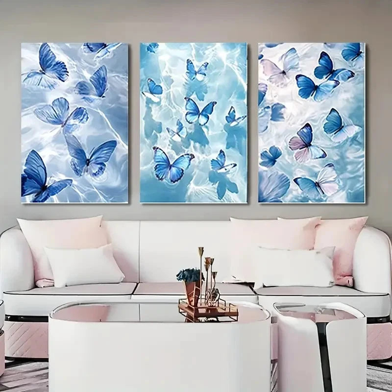 3pcs  Vibrant Blue Butterfly Water Reflections Wall Art Canvas  Framed 60x90cm - High Quality Print 100% Australian Made Wall Canvas Ready to Hang - Bella Home Decor