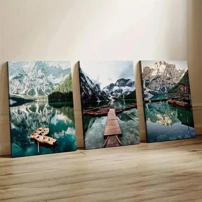 3pcs Mountain Lake Scenery with Canoes Wall Art Canvas Unframed - High Quality Print 100% Australian Made Wall Canvas