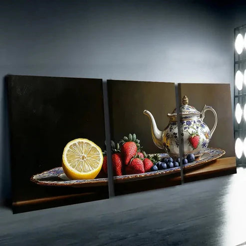 3pcs Afternoon Tea & Fruit Theme Dark Perfect Wall Art Set Canvas Unframed - High Quality Print 100% Australian Made Wall Canvas - Bella Home Decor