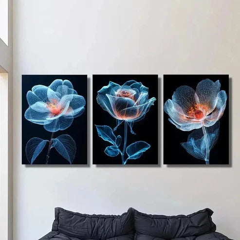 3pcs Crystal Rose Flower on Dark Background Wall Art Canvas Unframed - High Quality Print 100% Australian Made Wall Canvas - Bella Home Decor