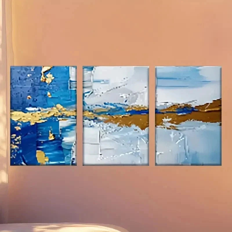 3pcs  Painting with Blue And Golden Paint  Wall Art Set Canvas Framed 50x70cm - High Quality Print 100% Australian Made Wall Canvas Ready to Hang - Bella Home Decor