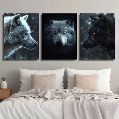 3pcs White And Black Glowing Eyes Wolves Wall Art Set Canvas Unframed - High Quality Print 100% Australian Made Wall Canvas