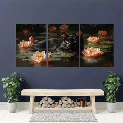 3pcs Black Cat Swimming in Lotus Pond Wall Art Canvas Unframed - High Quality Print 100% Australian Made Wall Canvas - Bella Home Decor
