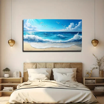 Serene Beach Scene Wall Art Canvas Office Home Room Framed 120x60cm