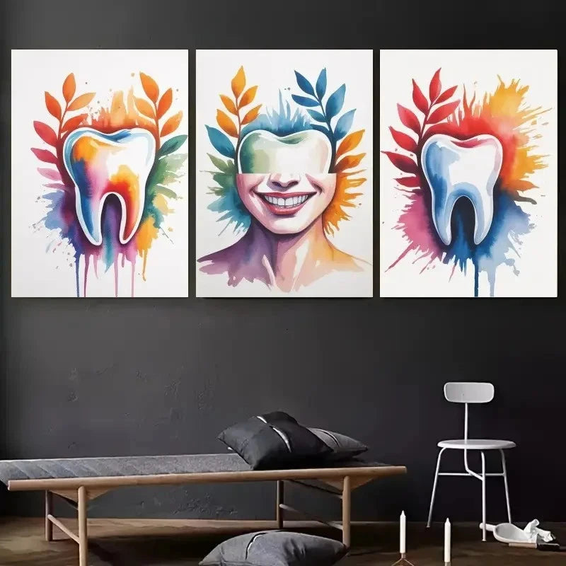 3pcs Tooth, Smile, Watercolor Wall Art Set Canvas Framed 60x90cm - High Quality Print 100% Australian Made Wall Canvas Ready to Hang - Bella Home Decor