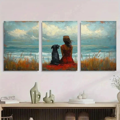 3pcs Whimsical Seaside Womenc With Dog Perfect Wall Art Set Canvas Framed 60x90cm - High Quality Print 100% Australian Made Wall Canvas Ready to Hang