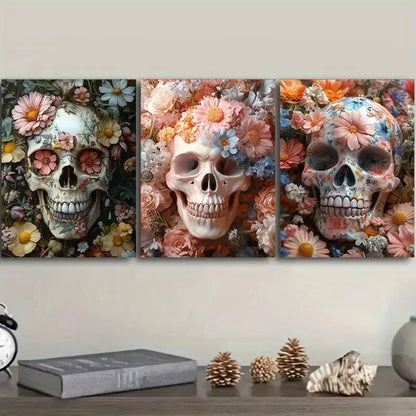 3pcs The skull is in the flower Wall Art Set Canvas Framed 50x70cm - High Quality Print 100% Australian Made Wall Canvas Ready to Hang - Bella Home Decor