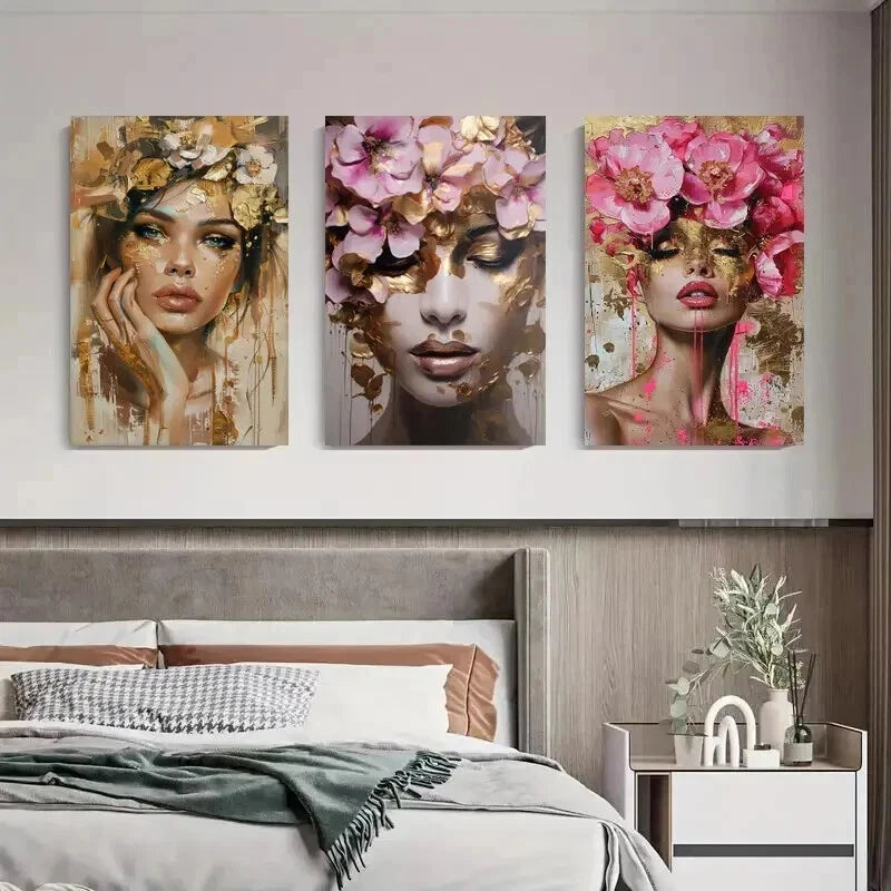 3pcs Floral Crown Woman Portrait Elegant Perfect Wall Art Set Canvas Framed 60x90cm - High Quality Print 100% Australian Made Wall Canvas Ready to Hang - Bella Home Decor