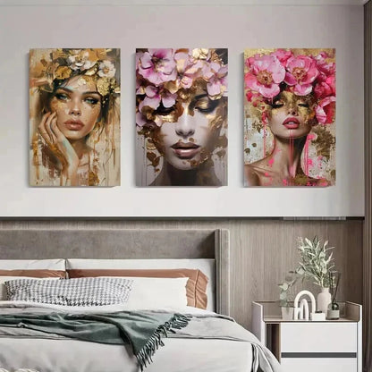 3pcs Floral Crown Woman Portrait Elegant Perfect Wall Art Set Canvas Framed 60x90cm - High Quality Print 100% Australian Made Wall Canvas Ready to Hang - Bella Home Decor
