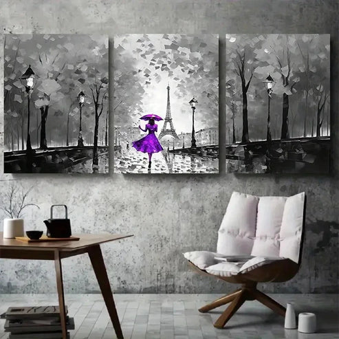 3pcs Paris Rainy Night Eiffel Tower Purple Wall Art Canvas Unframed - High Quality Print 100% Australian Made Wall Canvas