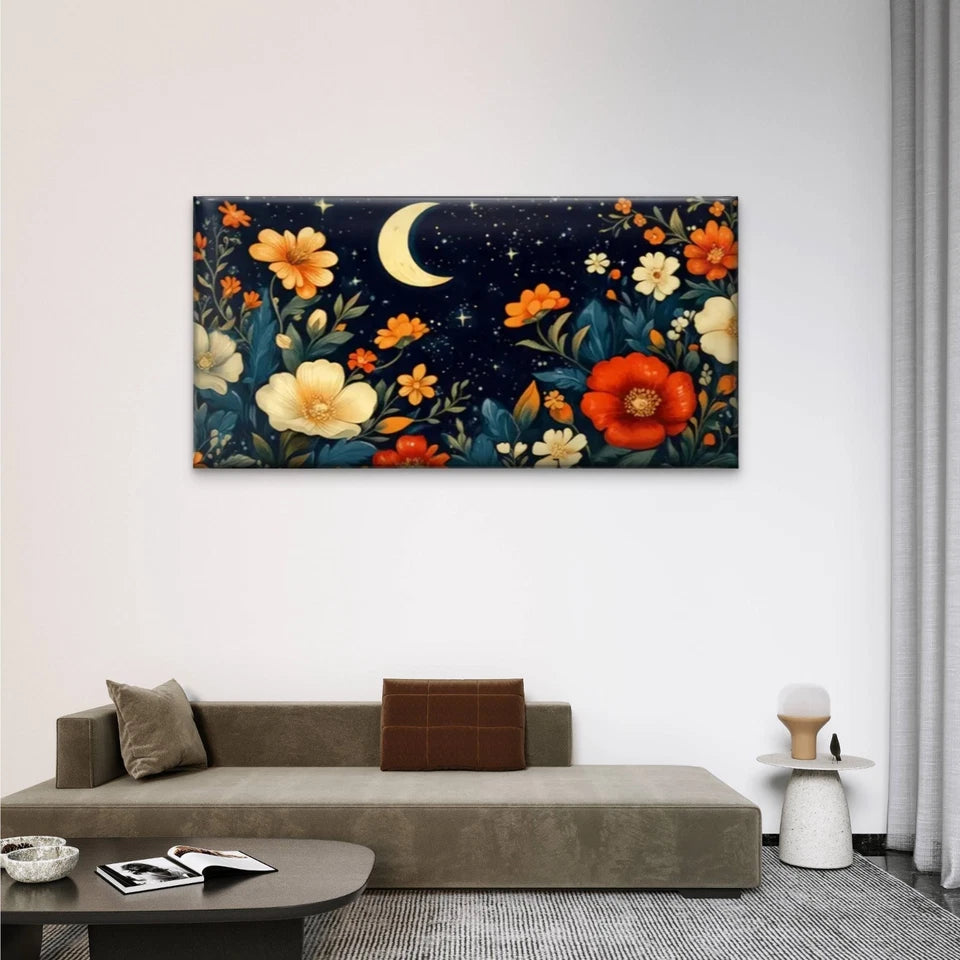 Vibrant Floral Moon Abstract Wall Art Canvas Office Home Room Framed 120x60cm
