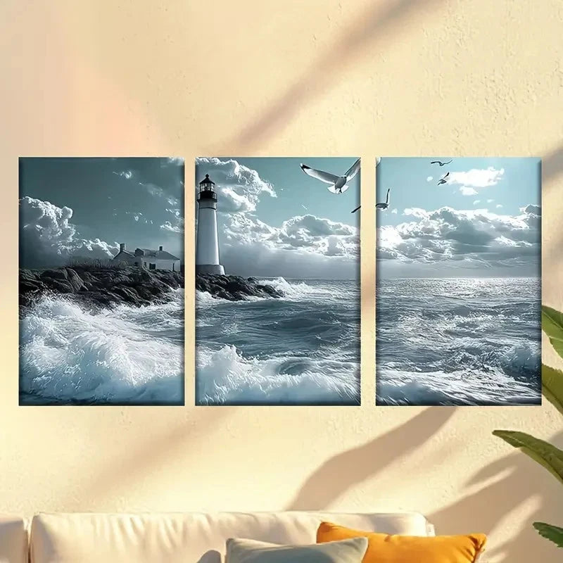 3pcs lighthouse on a rocky shore Wall Art Set Canvas Framed 50x70cm - High Quality Print 100% Australian Made Wall Canvas Ready to Hang