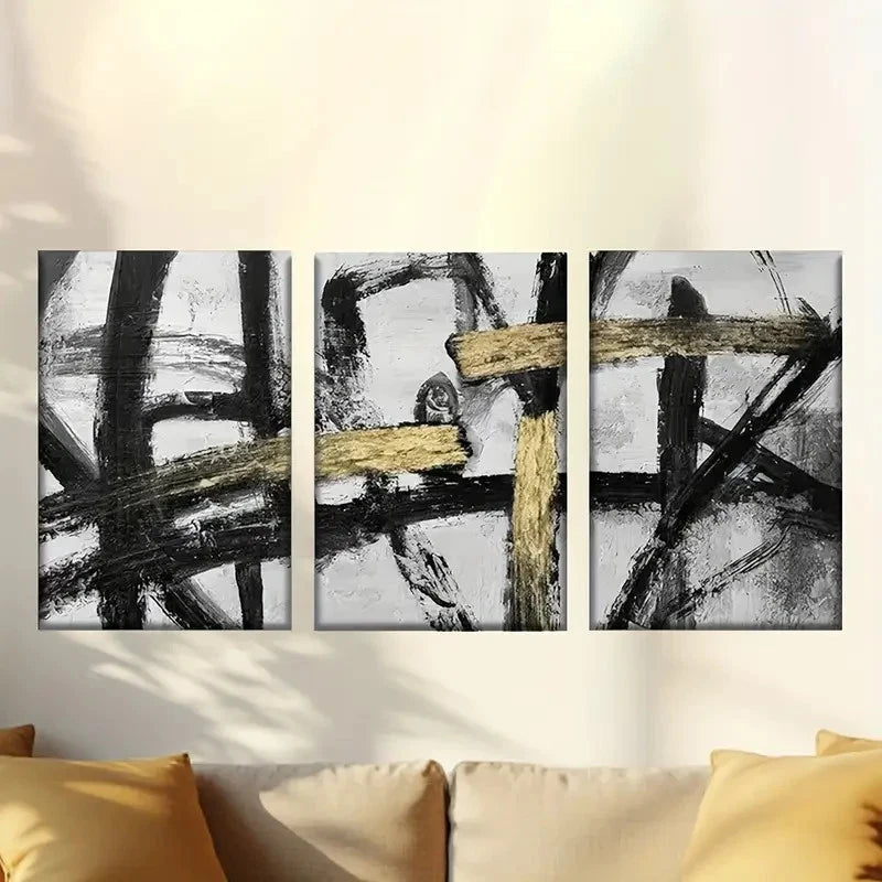 3pcs Painting with black & Golden paint strokes Wall Art Set Canvas Framed 60x90cm - High Quality Print 100% Australian Made Wall Canvas Ready to Hang