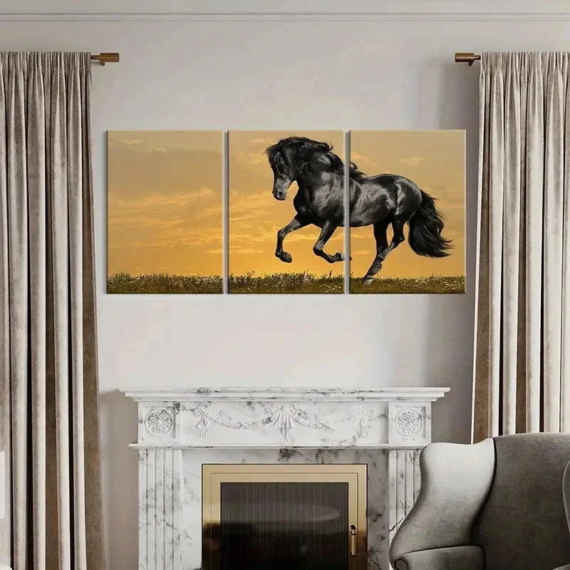 3pcs Elegant Black Horse with Golden Sky Wall Art Set Canvas Framed 50x70cm - High Quality Print 100% Australian Made Wall Canvas Ready to Hang