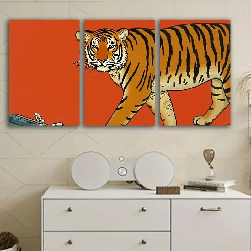 3pcs Striking Tiger Art Deco Wall Art Set Canvas Framed 50x70cm - High Quality Print 100% Australian Made Wall Canvas Ready to Hang