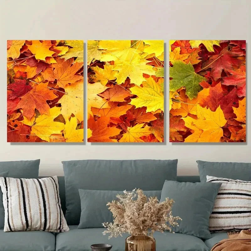 3pcs Autumn Leaves Triptych Vibrant Fall Colors Metal Print Ready to Hang Art
