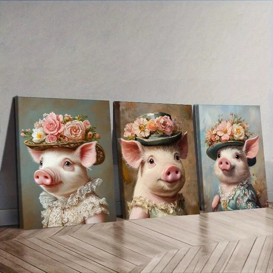 3pc Featuring a Pig in a Stylish Hat Wall Art Set Canvas Framed 40x60cm - High Quality Print 100% Australian Made Wall Canvas Ready to Hang